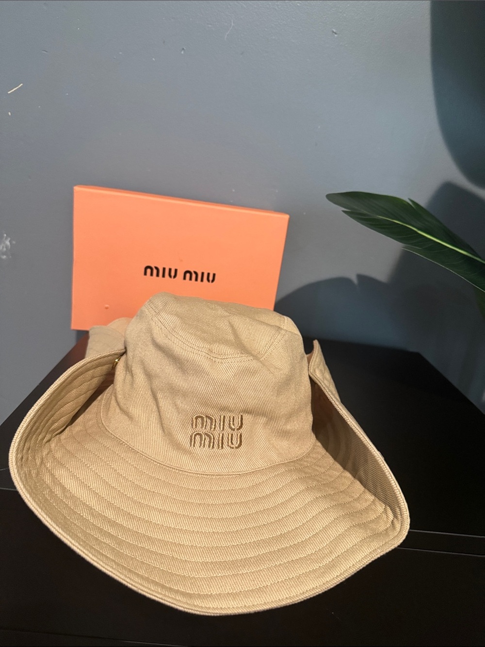 Miu Miu Beige Canvas Bucket Hat with Embroidered Logo